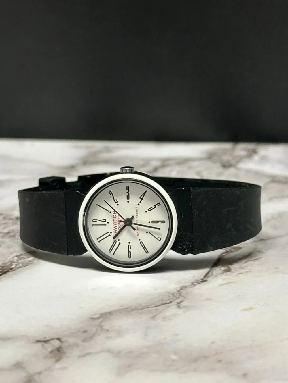 3/$30 AWATCH Womens Watch White Dial 24MM  Black Resin Band New Battery 8.5